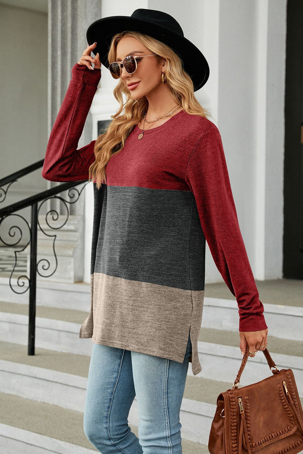 Vibrant Urban  Color Block Round Neck Long Sleeve Top