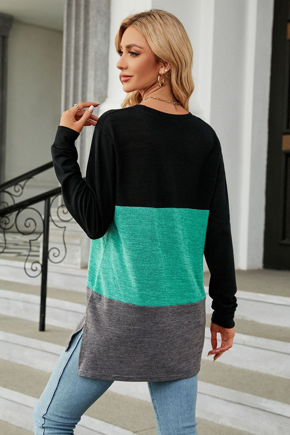 Vibrant Urban  Color Block Round Neck Long Sleeve Top