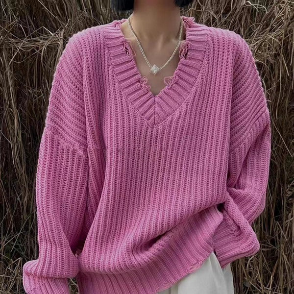 Oversize V-Neck Knitwear Pullover Sweater-One Size