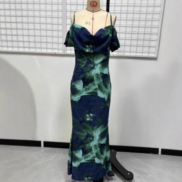 Green Garden Art Style  Backless  Sling Dress