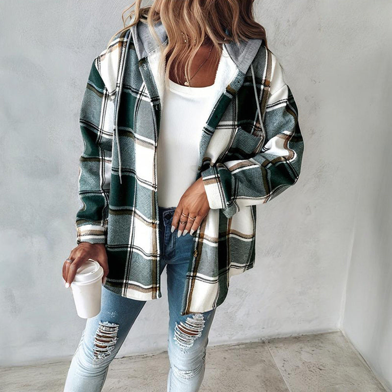 Casual Fall Shirts Shacket Plaid Hoodie Long Sleeve Jacket with Long Sleeve With Pocket and Button Drawstrings