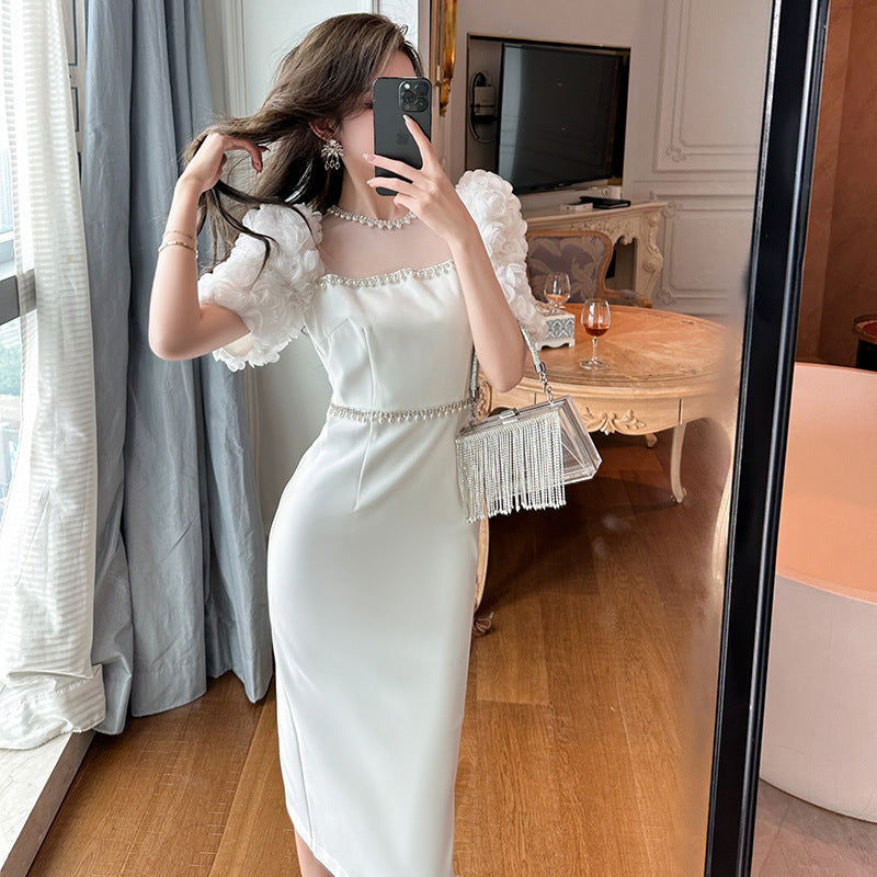 Black&White Round Neck Beaded  Slim Fit Long Dress