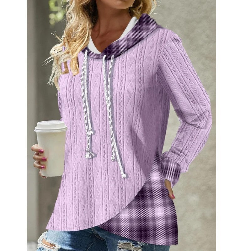 Knitted Stitching  Contrast Color Jacquard Hoodie Top with  Long Sleeve