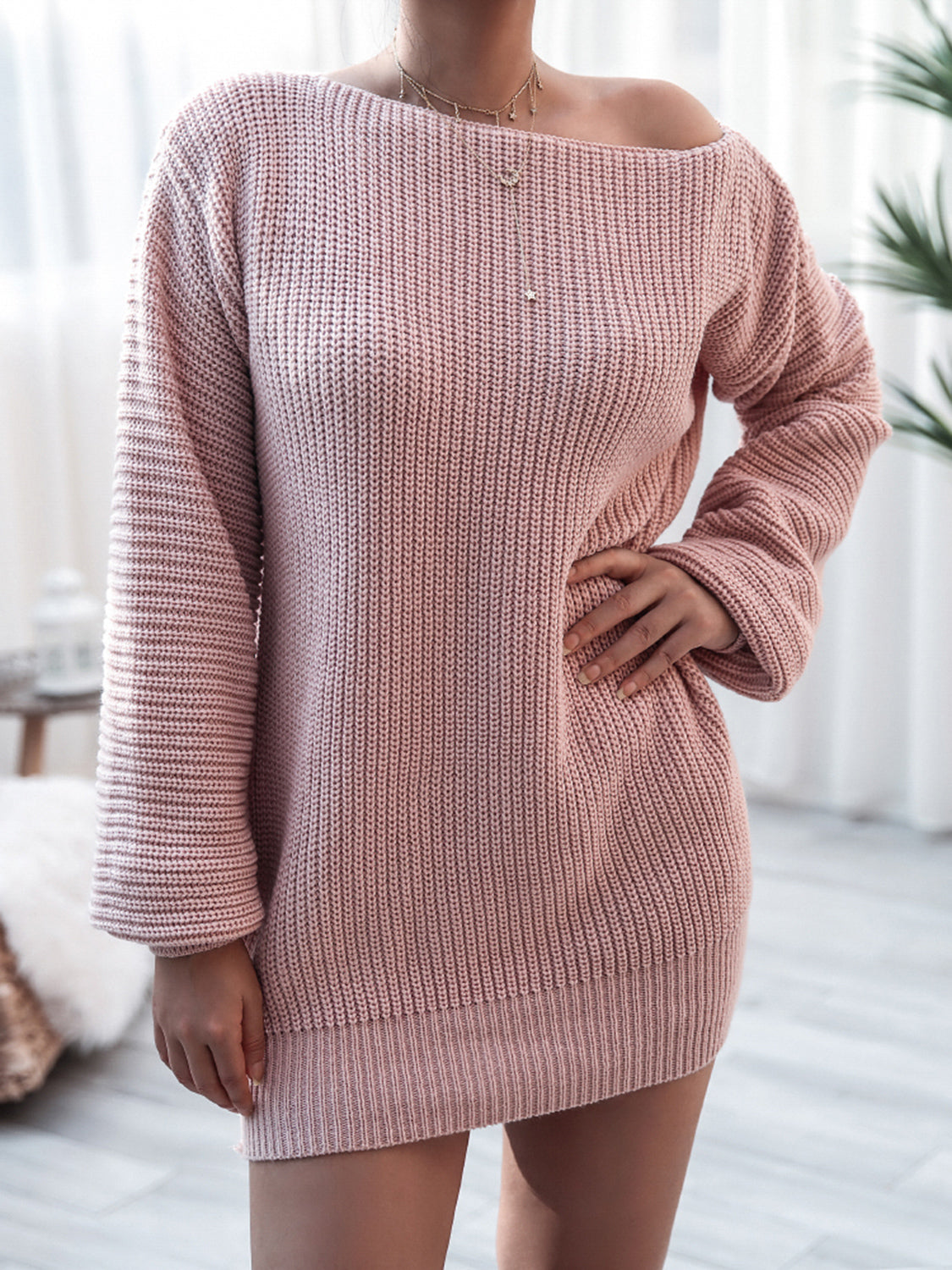 Stylish Rib-Knit Mini  Off Shoulder Sweater Dress
