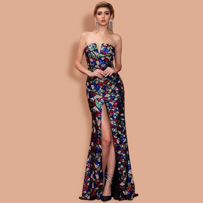 Be Fabulous Multi Color Sequin V Neck Off Shoulder Maxi Dress