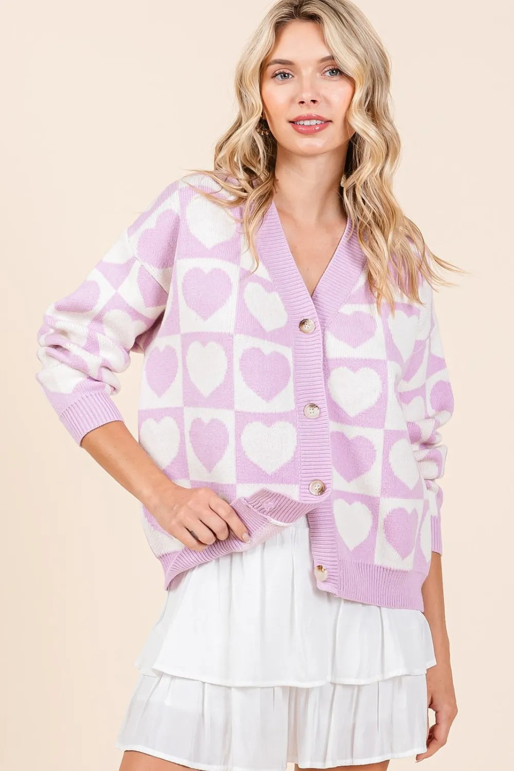 Lilac Pink Checkered Heart Button Down Cardigan
