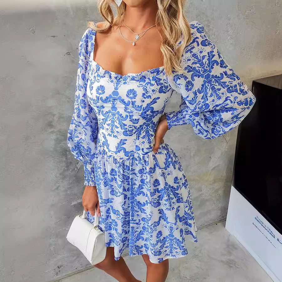 Italian Print Blue Square Mini Dress with  Long Sleeves