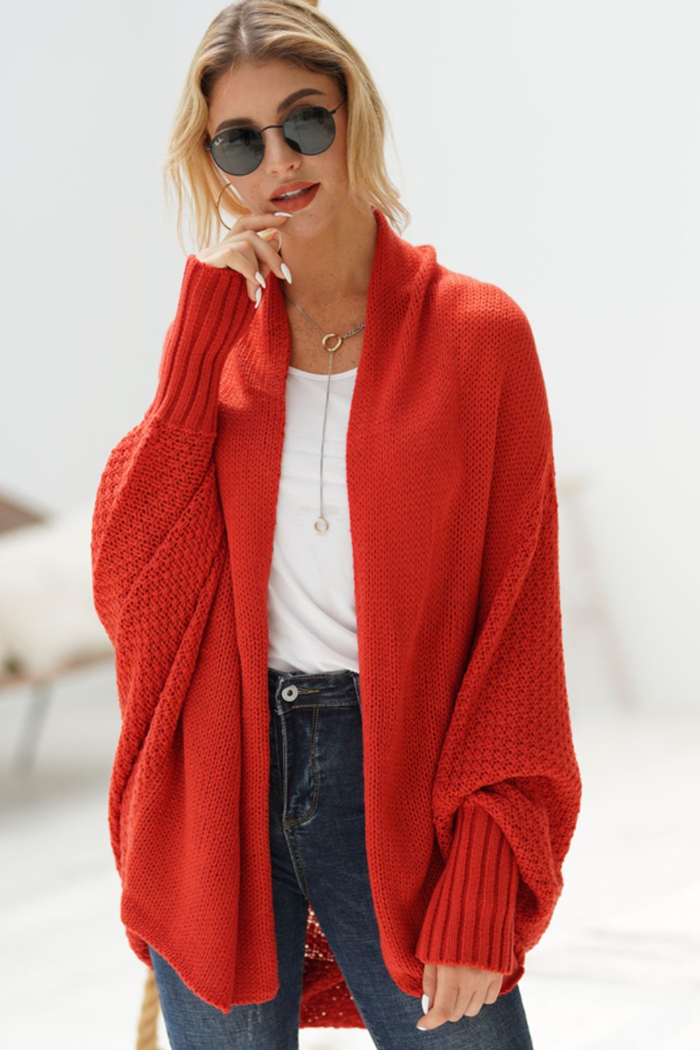 Ease Up Dolman Sleeve Open-Front Long Knit Cardigan