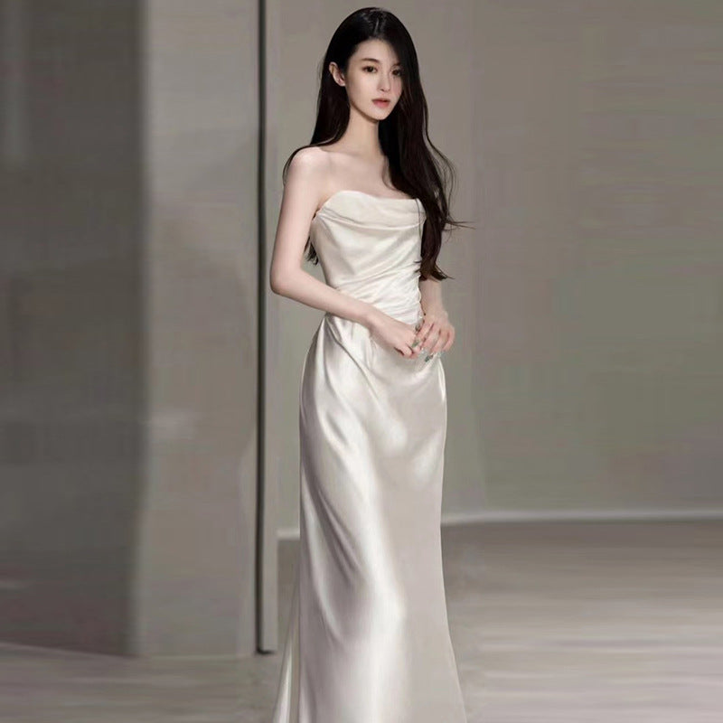 French Satin White  Bridal  Sleeveless  Wedding Dress