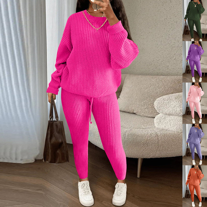 Soft and Cozy  Ribbed Knit 2-piece set Suits with Loose Pullover Sweater Top and Drawstring Pants