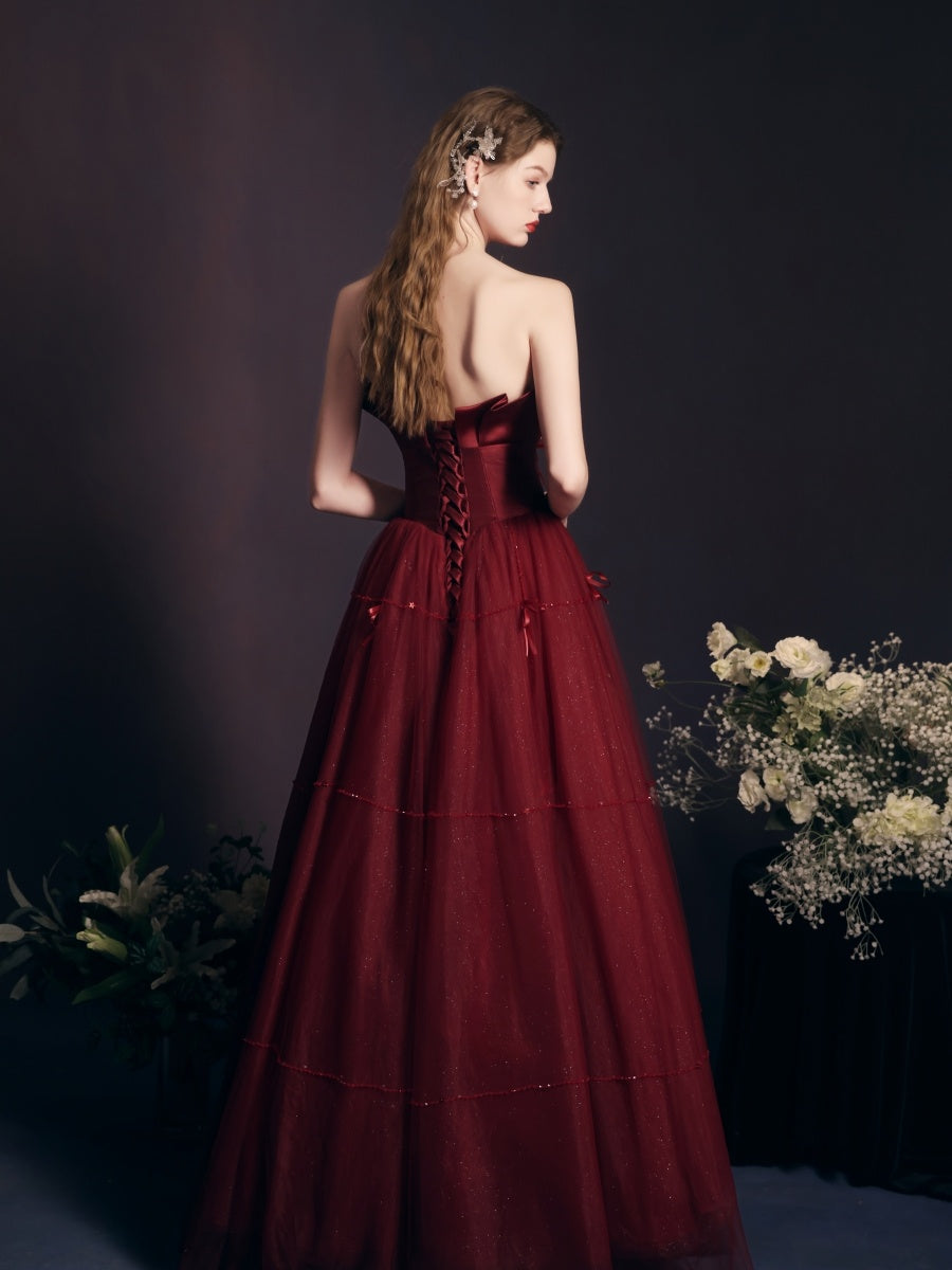 Gorgeous  Red Wine Beaded Tube Top Long Dress
