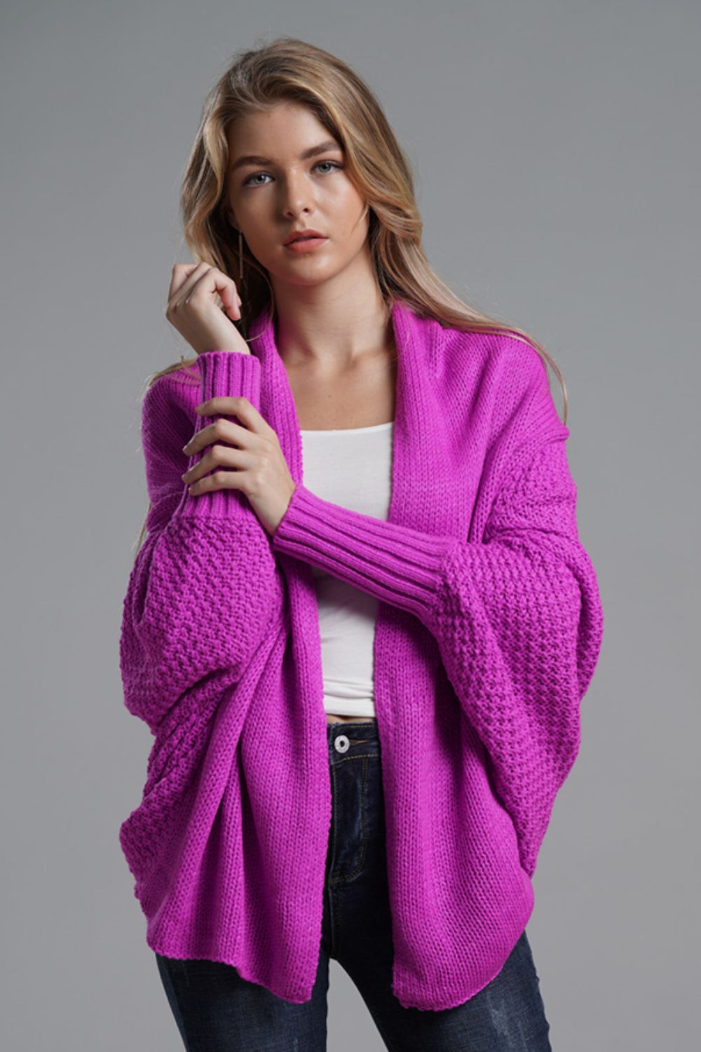 Ease Up Dolman Sleeve Open-Front Long Knit Cardigan
