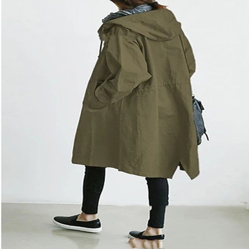 Trench Hooded Coat l Loose Button  with Pockets and  Hooded