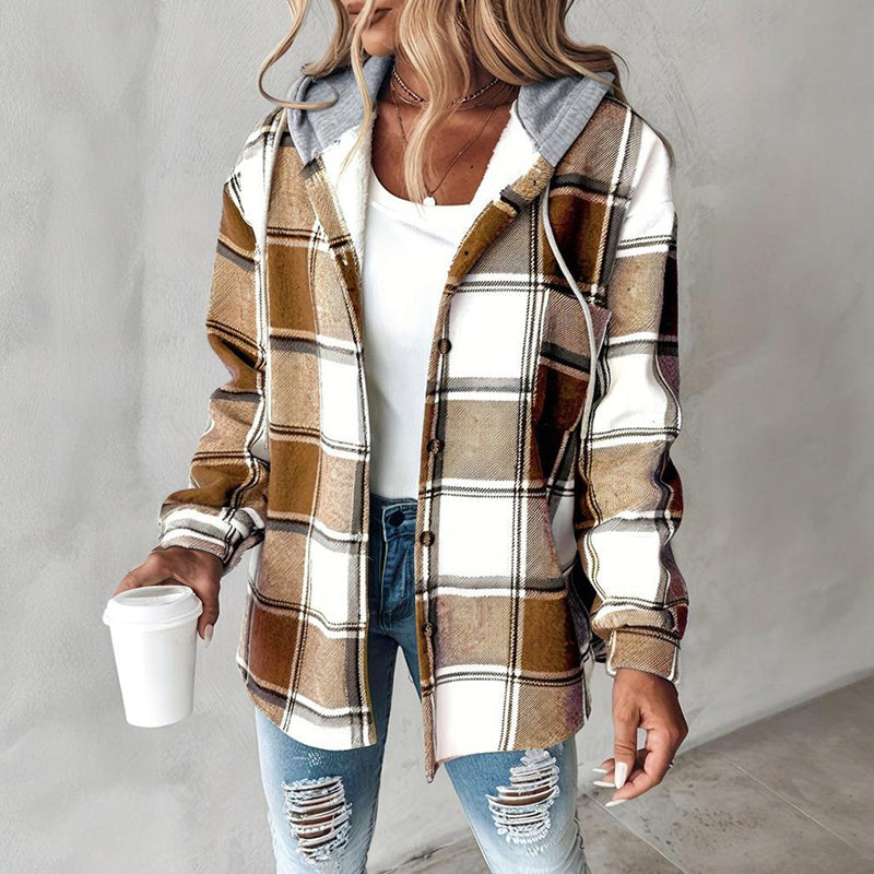 Casual Fall Shirts Shacket Plaid Hoodie Long Sleeve Jacket with Long Sleeve With Pocket and Button Drawstrings