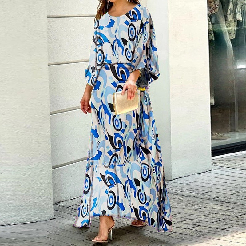 Fashion Loose Printed 2-Pcs  Set with Long Sleeve Top & High Waist Long Skirt