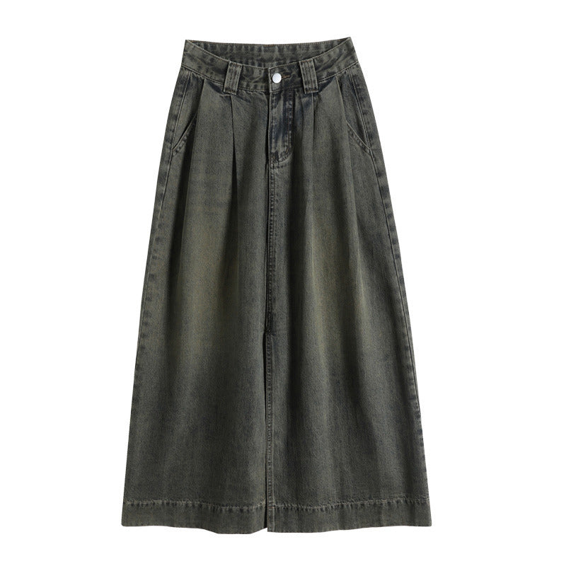 Black Gray Denim High Waist Front Slit Skirt