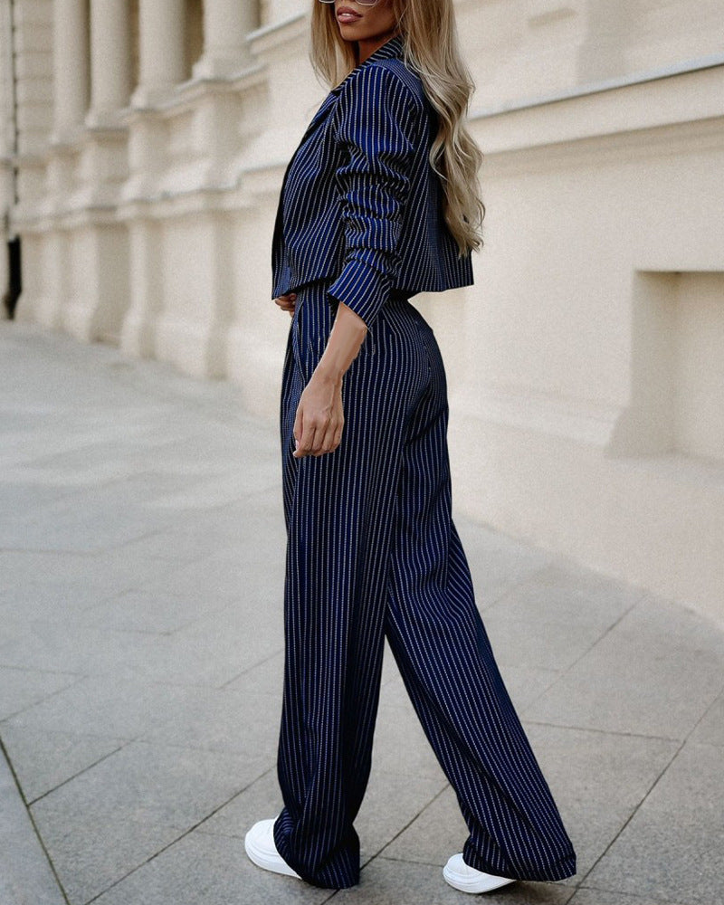 Striped Suits Casual Lapel Outfits with Long Sleeve & Straight Pants Outfits