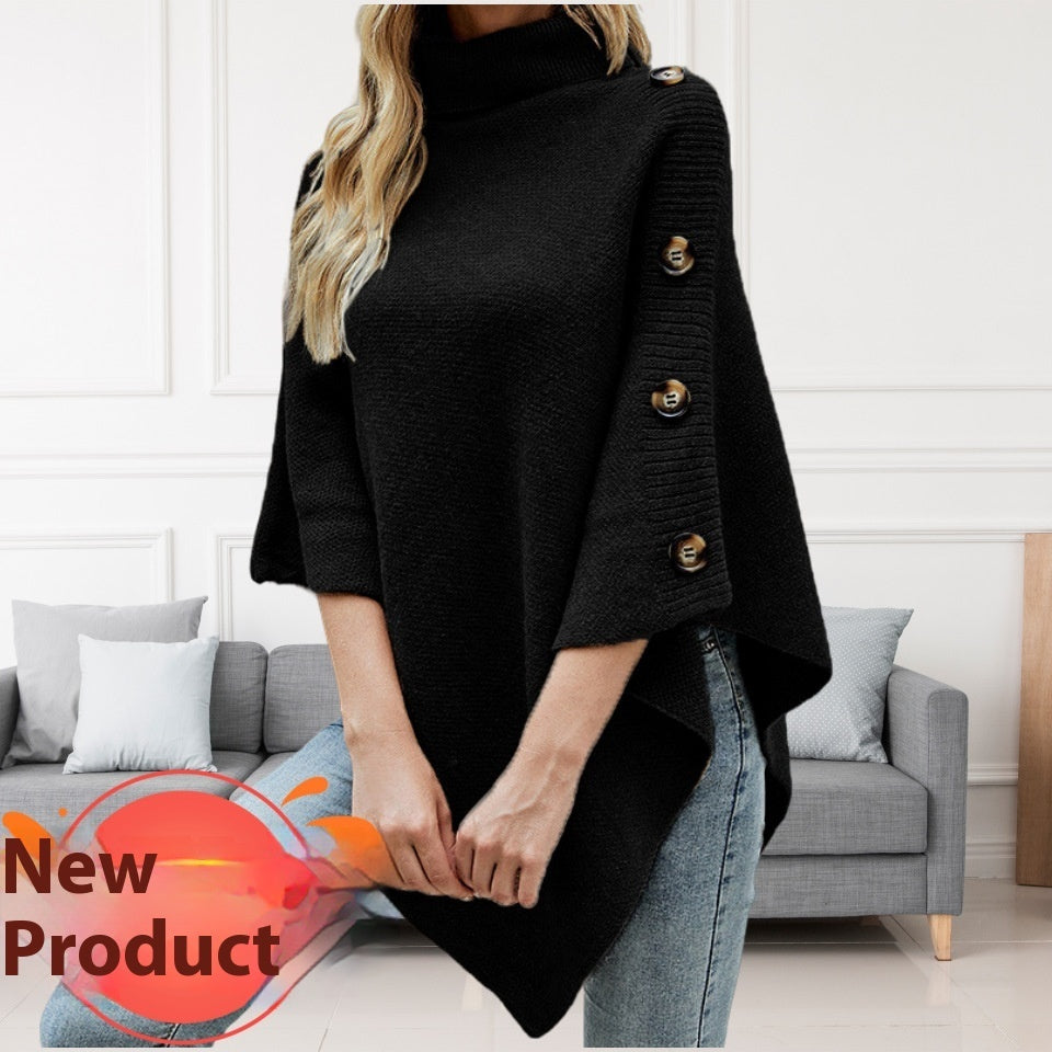 Cozy Charm Solid Color Turtleneck Shawl Cape Slit Knit Sweater