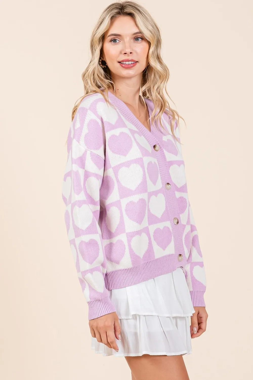 Lilac Pink Checkered Heart Button Down Cardigan