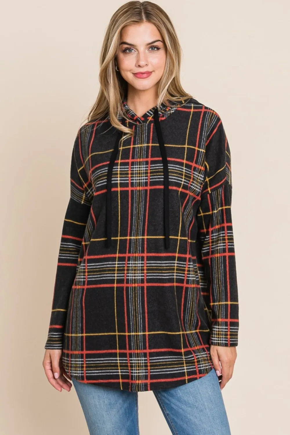 Classic Plaid Patter Drawstring  Long Sleeve Hoodie