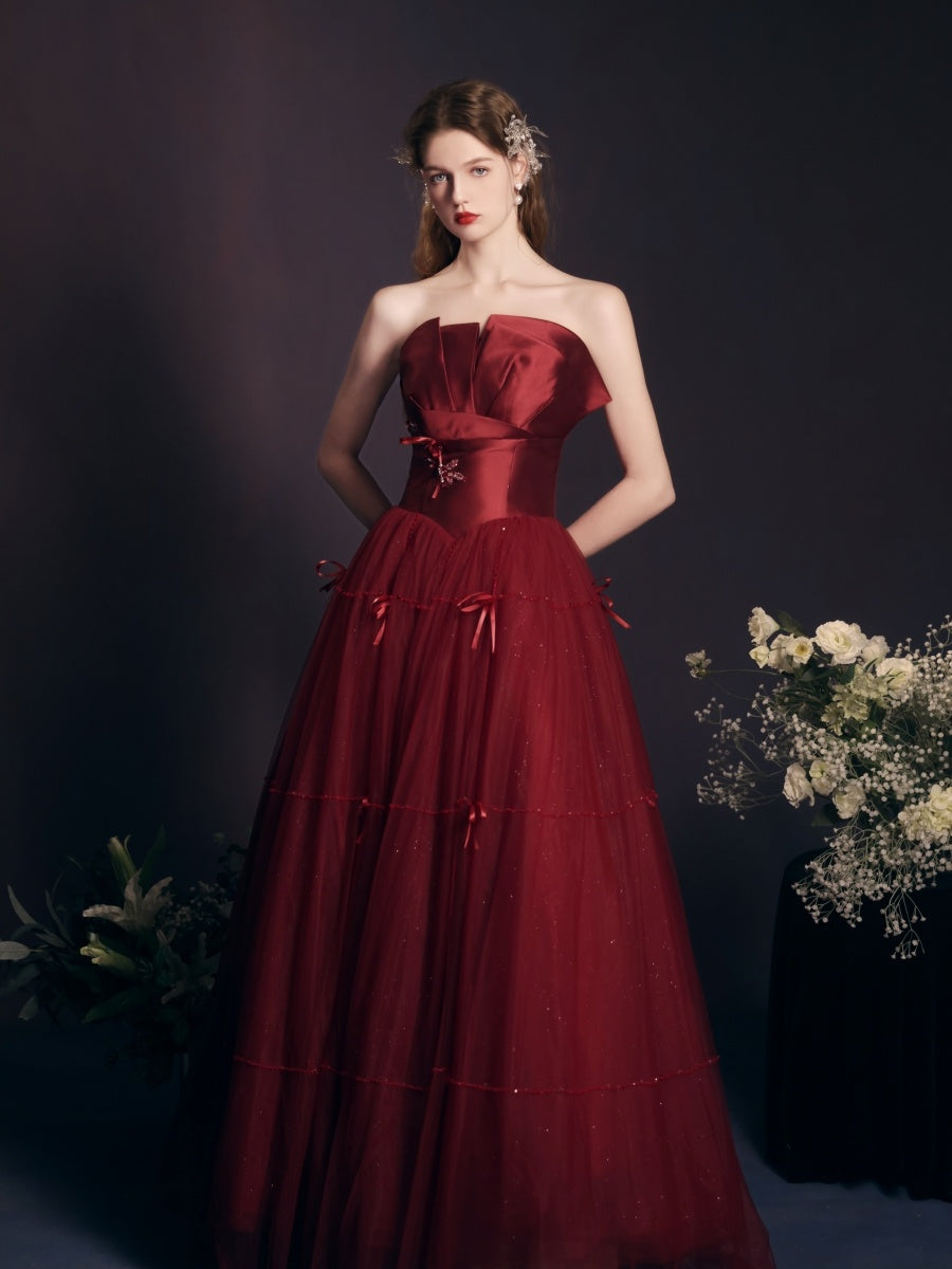 Gorgeous  Red Wine Beaded Tube Top Long Dress