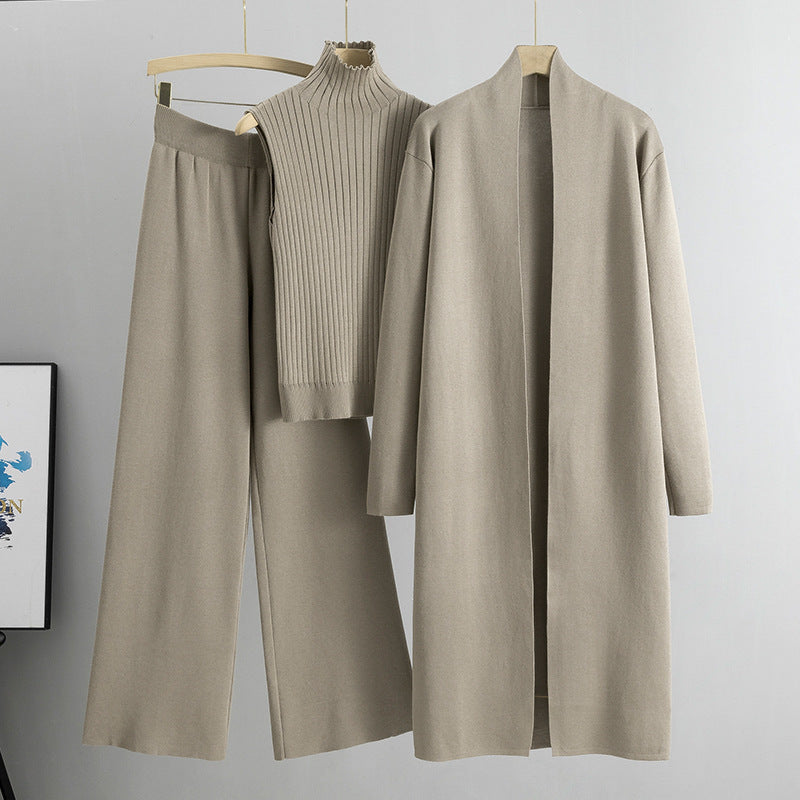 Three-piece Set Knitting  Suits  with Vest Sweater, Long Cardigan & Wide-leg Pants Three-piece Set