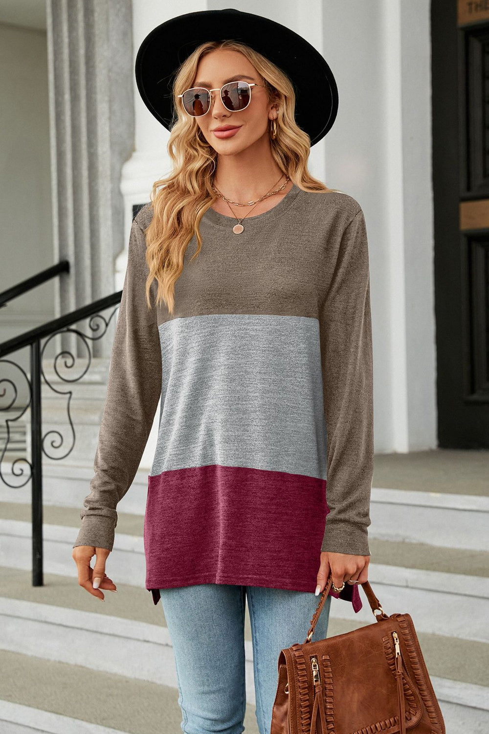 Vibrant Urban  Color Block Round Neck Long Sleeve Top