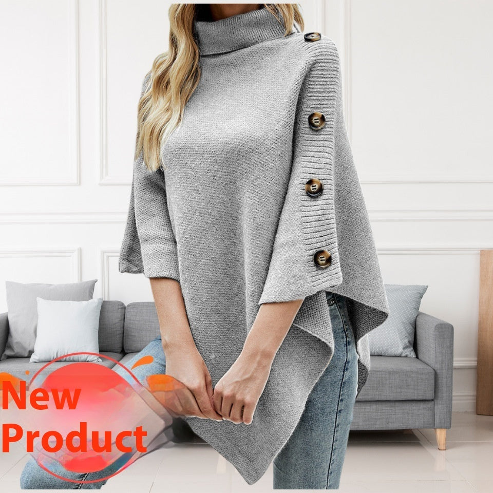 Cozy Charm Solid Color Turtleneck Shawl Cape Slit Knit Sweater