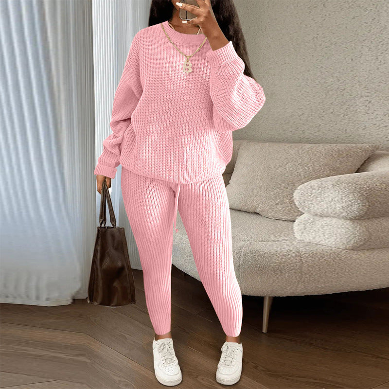 Soft and Cozy  Ribbed Knit 2-piece set Suits with Loose Pullover Sweater Top and Drawstring Pants