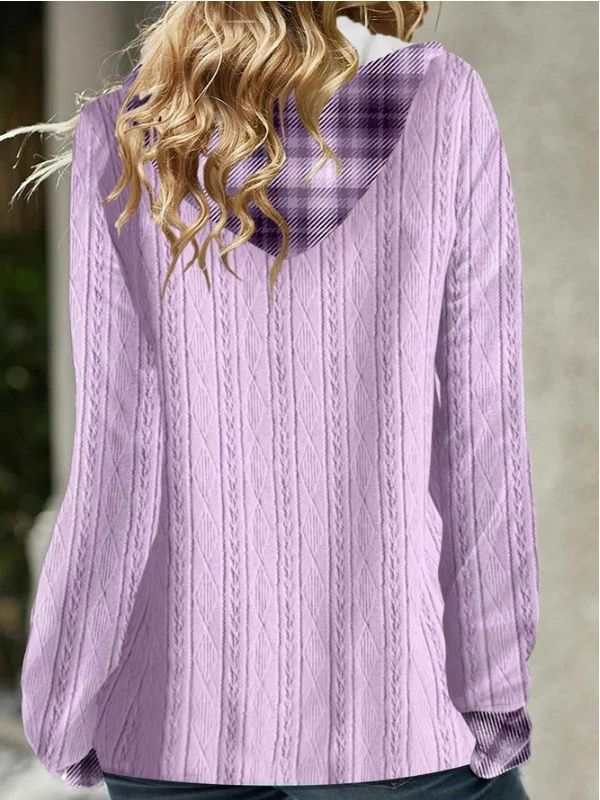 Knitted Stitching  Contrast Color Jacquard Hoodie Top with  Long Sleeve