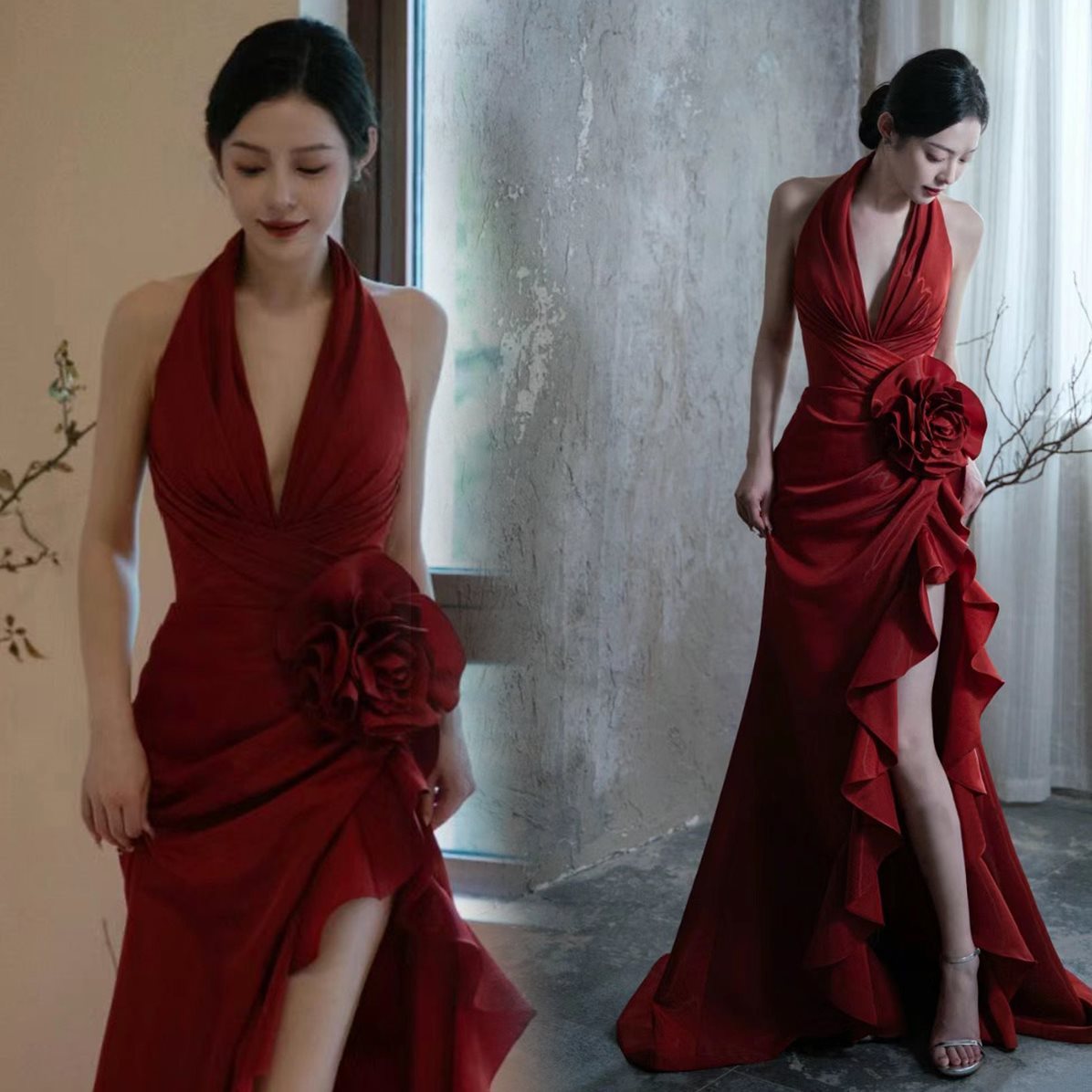 Silk Wine Red Elegant Halter  Dress