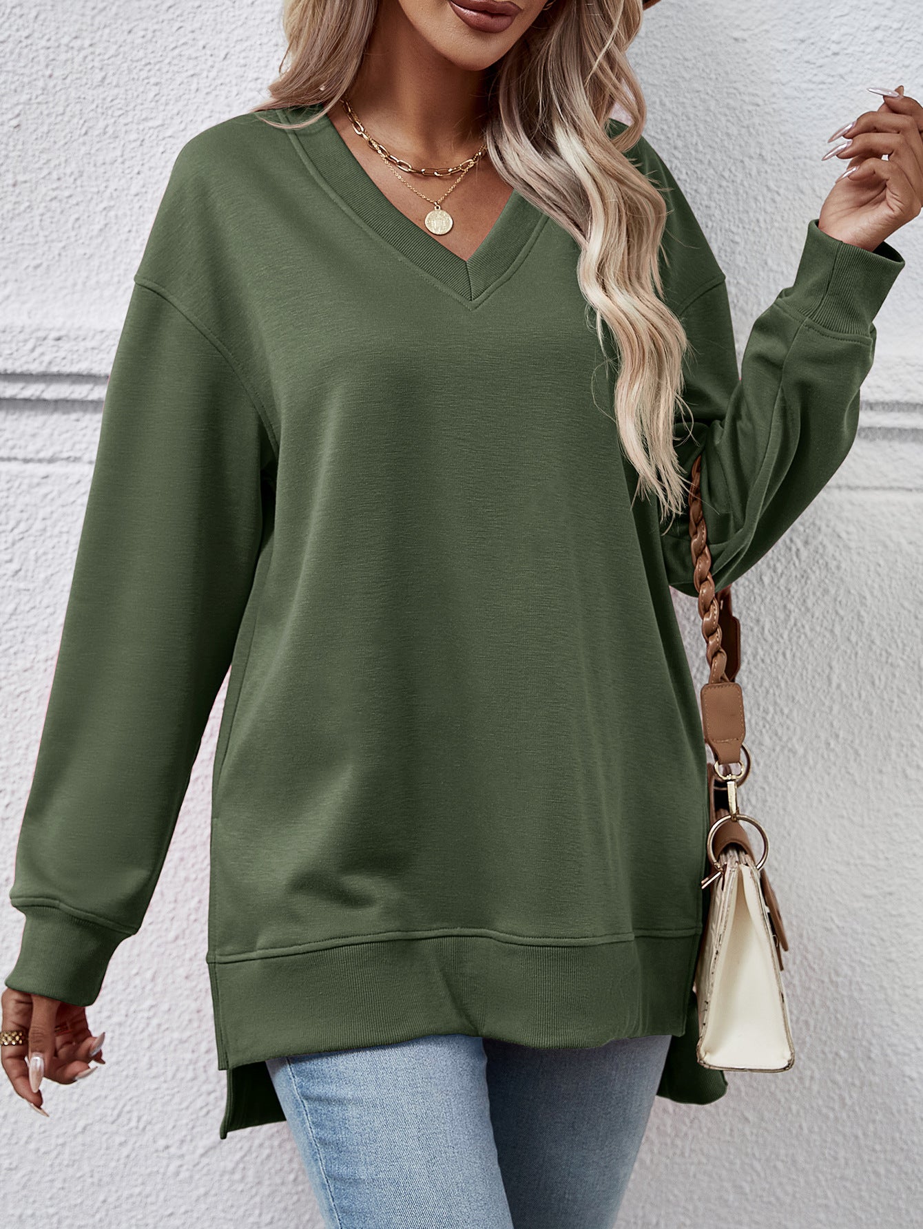Causal Style V-neck Split Front Short Back Long Sweater