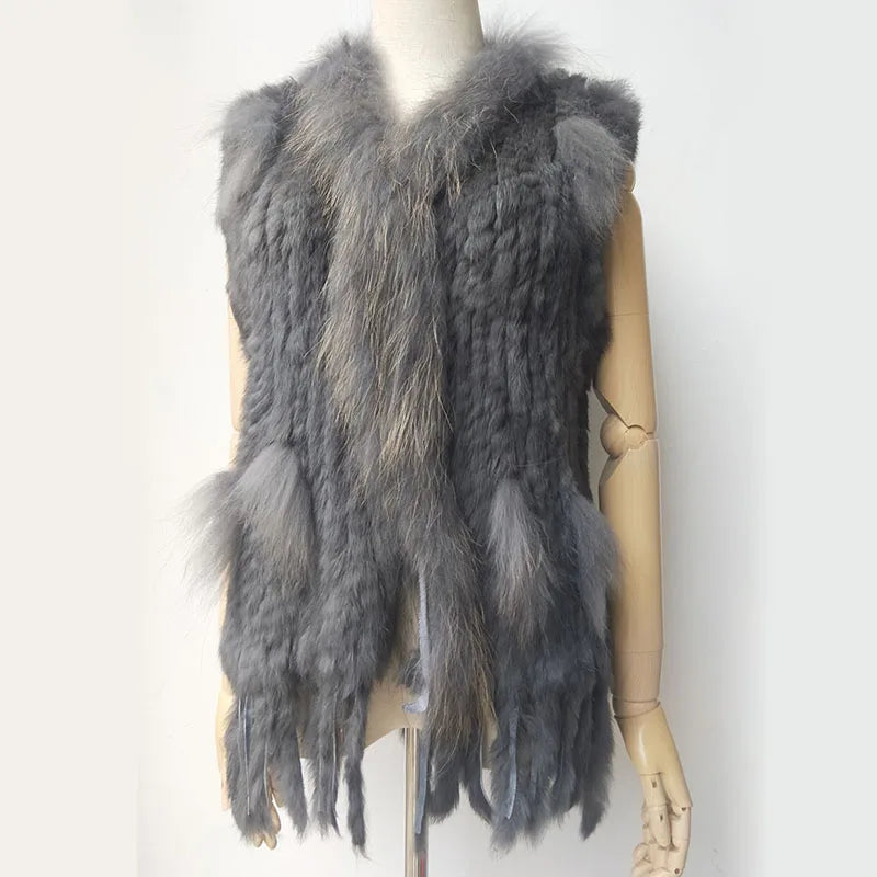 Warm Sleeveless Genuine Rabbit Fur Knitted Vest with Tassel