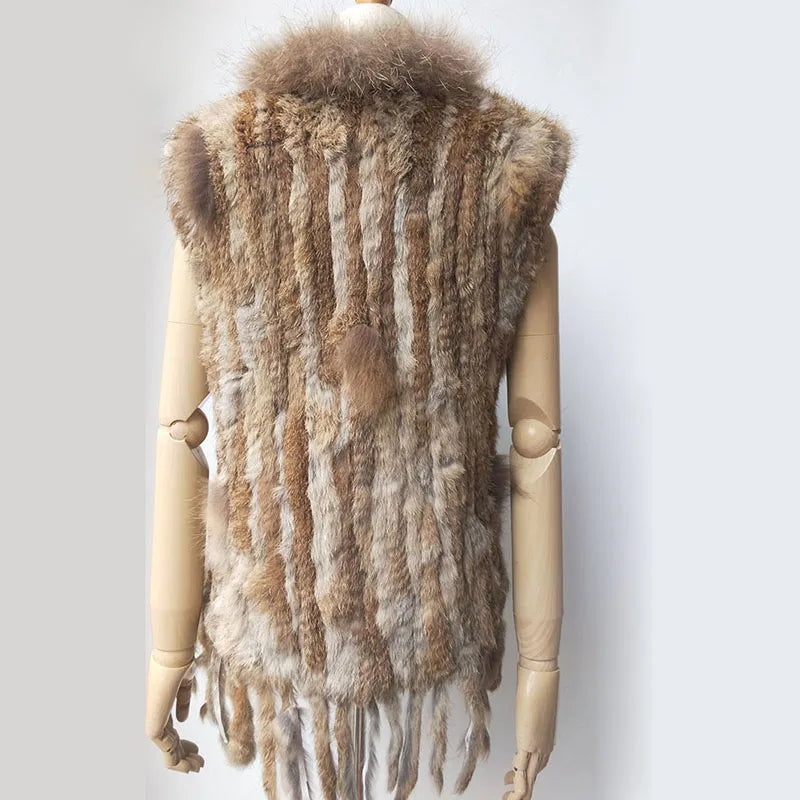 Warm Sleeveless Genuine Rabbit Fur Knitted Vest with Tassel