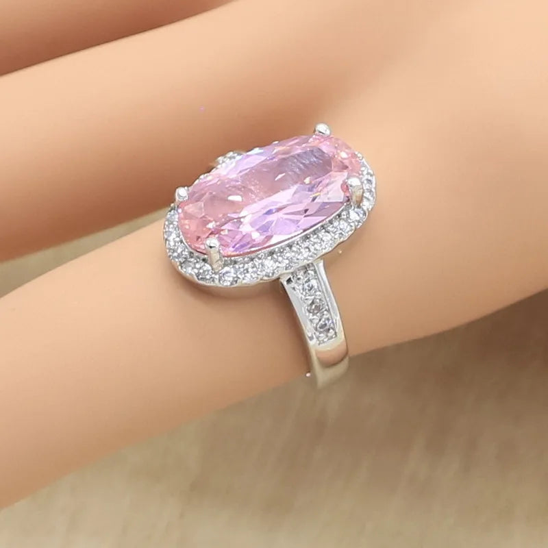 Pink Zircon Bracelet, Hoop Earrings, Necklace, Pendant, Ring Jewelry Set