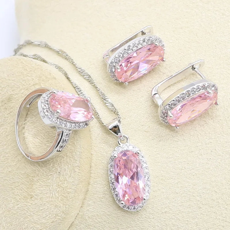 Pink Zircon Bracelet, Hoop Earrings, Necklace, Pendant, Ring Jewelry Set