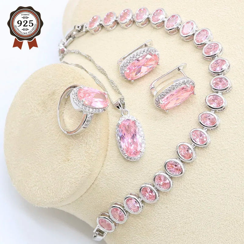 Pink Zircon Bracelet, Hoop Earrings, Necklace, Pendant, Ring Jewelry Set