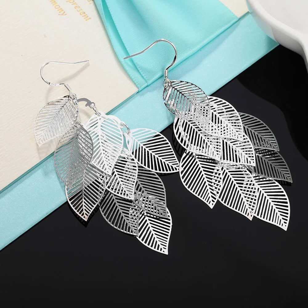 Fine 925 Sterling Silver Tassel Layered Leaves Drop Earrings