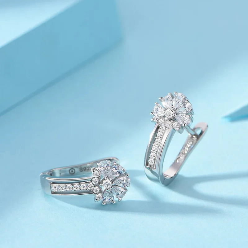 Fine Jewelry 925 Sterling Silver CZ Earrings Inlaid With Crystal Flower