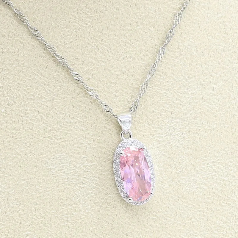 Pink Zircon Bracelet, Hoop Earrings, Necklace, Pendant, Ring Jewelry Set