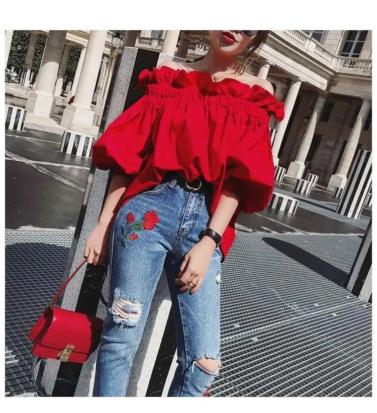 Red Chiffon  Ruffles Off-Shoulder  Blouse Top with  Puffy Sleeves