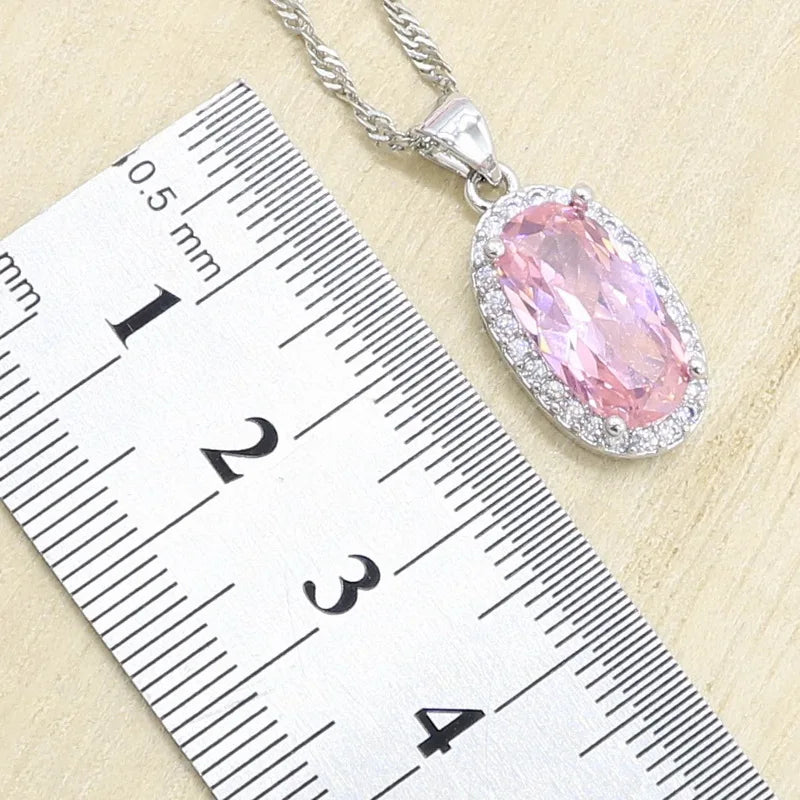Pink Zircon Bracelet, Hoop Earrings, Necklace, Pendant, Ring Jewelry Set