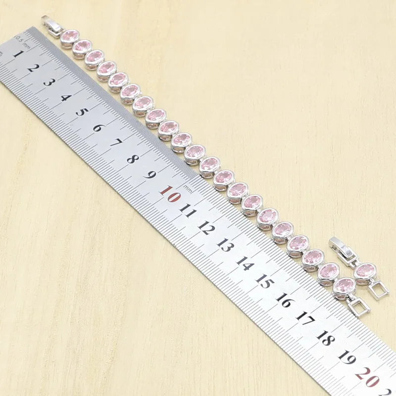 Pink Zircon Bracelet, Hoop Earrings, Necklace, Pendant, Ring Jewelry Set