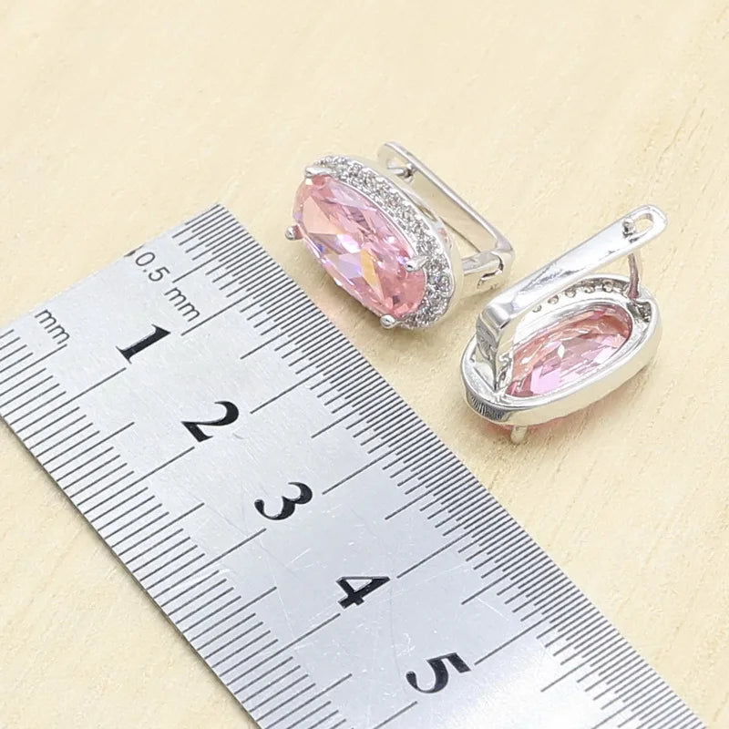 Pink Zircon Bracelet, Hoop Earrings, Necklace, Pendant, Ring Jewelry Set