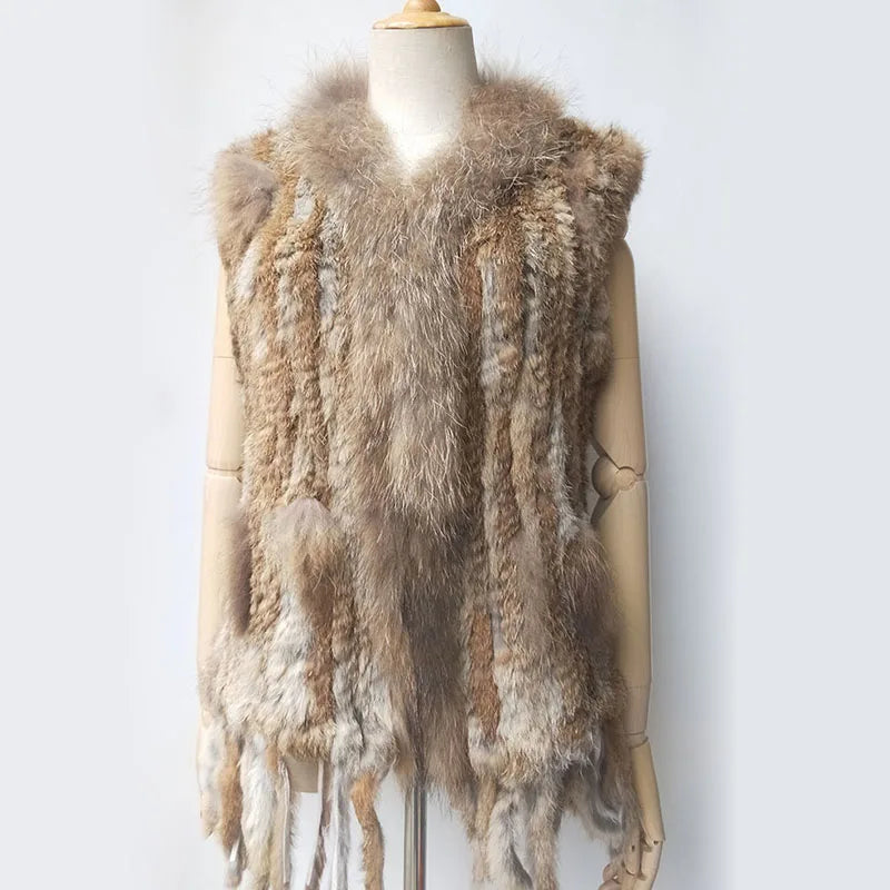 Warm Sleeveless Genuine Rabbit Fur Knitted Vest with Tassel