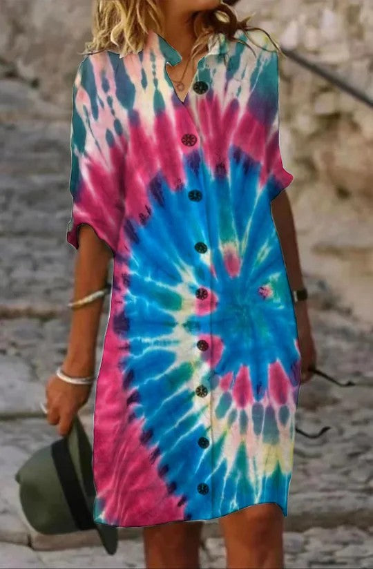 Floral Bliss Linen Shirt Dress with Half Sleeve