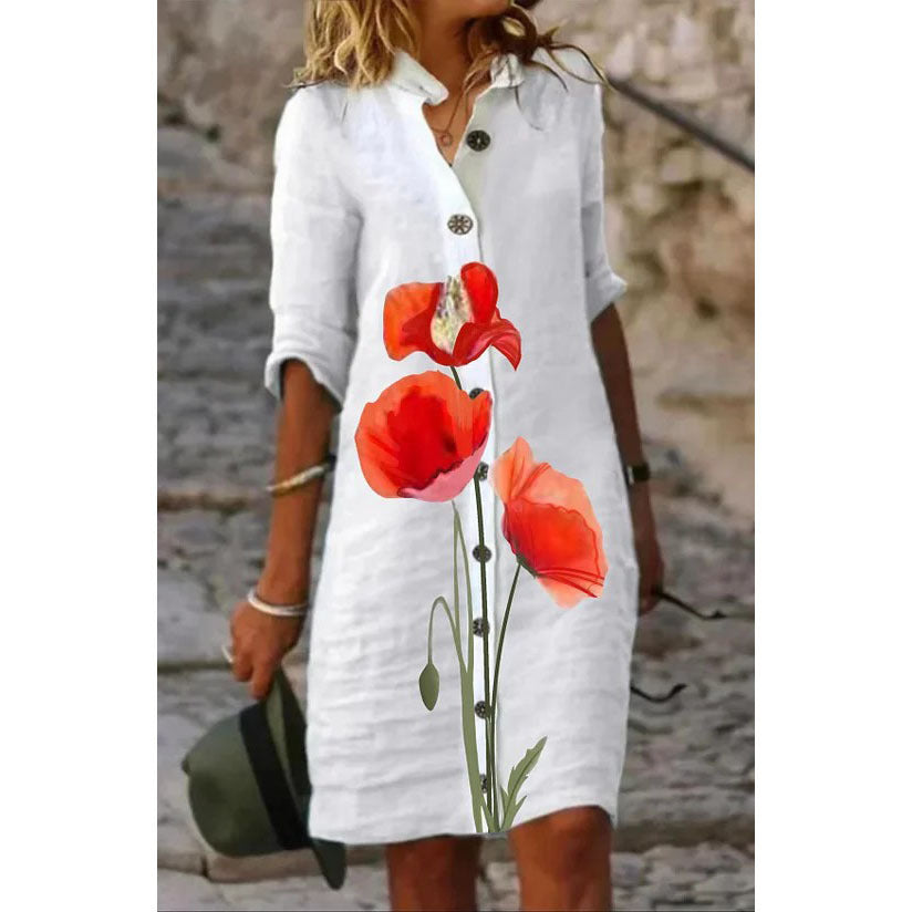Floral Bliss Linen Shirt Dress with Half Sleeve