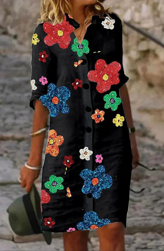 Floral Bliss Linen Shirt Dress with Half Sleeve