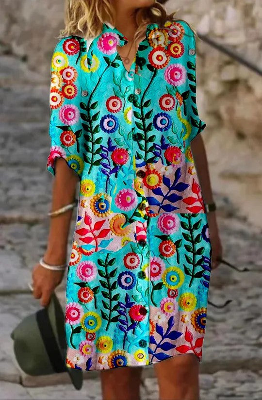 Floral Bliss Linen Shirt Dress with Half Sleeve
