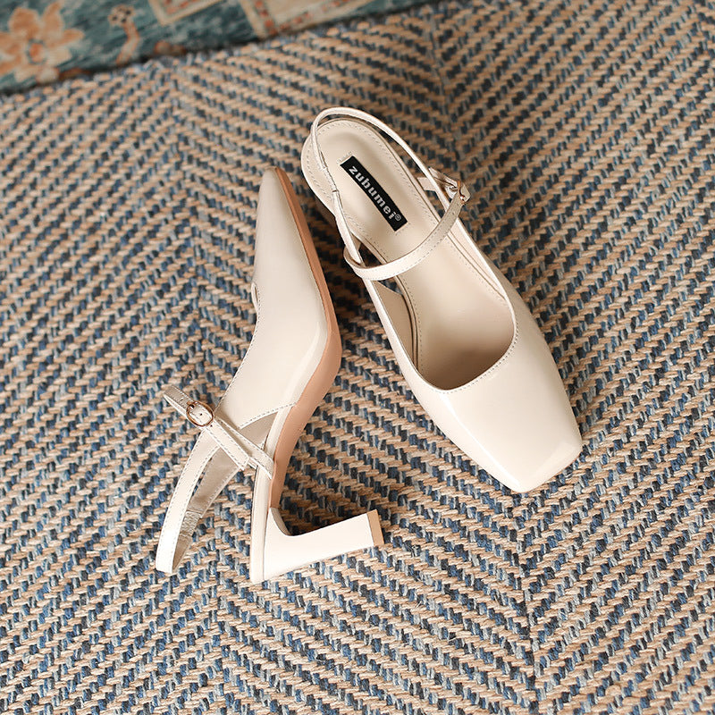 French Retro Square Toe High Heels Closed Toe Shoes